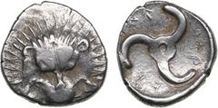 Ancient coins Ancient coins Dynasts of Lycia (Limyra?) AR 1/3 Stater ND – Perikles (c. 380-360 BC) 2.85g. 16mm. AU/UNC.Obv.: Facing lion's scalp. Rev.: Triskeles; dynast's name (in Lycian) around. SNG
