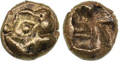 Ancient coins Ionia, Uncertain. Myshemihekte – 1/24 Stater - Electrum (circa 600-550 BC) 0.64 g. 6mm. XF/XF Phokaic standard. Head of a lionness to right. Rev. Incuse square. Rosen 328