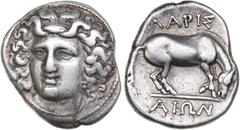 Ancient coins Thessaly, Larissa - AR Drachm (circa 356-342 BC) 5.92 g. 19.5mm. VF/VF Head of the nymph Larissa facing slightly left, hair in ampyx / Horse standing right, preparing to lie down; plant 