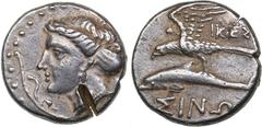Ancient coins Paphlagonia, Sinope AR Drachm (circa 330-300 BC) 5.96 g. 18mm. VF+/VF+ Ikesio-, magistrate. Head of nymph Sinope left, hair elaborately arranged and wearing sakkos / ΣΙΝΩ, eagle flying l