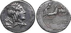 Roman Republic Roman Republic AR Denar - L. Iulius Bursio (85 BC) 3.76 g. 20mm. VF+/VF+ Laureate, winged, and draped bust of Genius (or Apollo Vejovis) right, trident over shoulder, unclear symbol beh