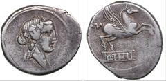 Roman Republic Roman Republic, Rome AR Denar - Q.Titius (90 BC) 3.83g. 20mm. VF/VF Head of Bacchus in a wreath to the right / Prancing Pegasus to the right, Q.Titiu