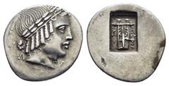 Greek Coins LYCIA. Lycian League. Masicytes.(Circa 27-20 BC).Hemidrachm. Obv : Λ - V. Laureate head of Apollo right. Rev : M - A. Cithara (lyre) tripod to right; all within incuse square. RPC I online