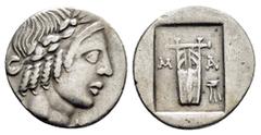 Greek Coins LYCIA. Lycian League. Masicytes.(Circa 27-20 BC).Hemidrachm. Obv : Λ - V. Laureate head of Apollo right. Rev : M - A. Lyre; tripod to right; all within incuse square. RPC I online 3310; Tr
