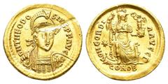Roman Imperial Coins THEODOSIUS I.(379-395).Constantinople.Solidus. Obv: D N THEODOSIVS P F AVG. Pearl-diademed, helmeted and cuirassed bust facing slightly right, holding spear and shield decorated w