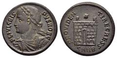 Roman Imperial Coins CRISPUS (Caesar, 316-326). Follis. Nicomedia. Obv : FL IVL CRISPVS NOB CAES. Laureate, draped and cuirassed bust left. Rev : PROVIDENTIAE CAESS. Camp gate, with two turrets and op