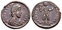 Roman Imperial Coins THEODOSIUS I (379-395). Follis. Nicomedia. Obv : D N THEODOSIVS P F AVG. Diademed, draped and cuirassed bust right. Rev : GLORIA ROMANORVM / SMNA. Emperor standing facing, head ri