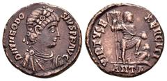 Roman Imperial Coins THEODOSIUS I (379-395). Ae. Antioch. Obv : DN THEODOSIVS PF AVG. Diademed, draped and cuirassed bust right. Rev : VIRTVS EXERCITI / ANTA. Emperor standing right, holding standarts