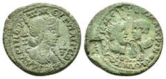 Roman Provincial Coins CILICIA. Aegeae. Macrinus with Diadumenian as Caesar (217-218). Ae. Obv : AVT K M OΠ CЄV MAKPINOC K ANTΩNINOC. Draped and cuirassed busts of Macrinus, radiate, and Diadumenian, 