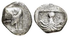 Greek Coins EUBOEA. Eretria. (Circa 500-465 BC).Drachm. Obv : Cow standing right, head reverted, raising hind leg to scratch self. Rev : Octopus within incuse square. BCD 319. Condition : Good very fi