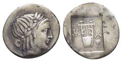 Greek Coins LYCIA. Lycian League. Masicytes.(Circa 27-20 BC).Hemidrachm. Obv : Λ - V. Laureate head of Apollo right. Rev : M - A. Cithara (lyre) tripod to right; all within incuse square. RPC I online
