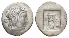 Greek Coins LYCIA. Lycian League. Masicytes.(Circa 27-20 BC).Hemidrachm. Obv : Λ - V. Laureate head of Apollo right. Rev : M - A. Cithara (lyre) tripod to right; all within incuse square. RPC I online