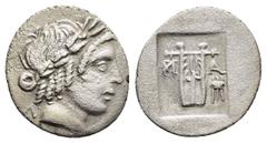 Greek Coins LYCIA. Lycian League. Masicytes.(Circa 27-20 BC).Hemidrachm. Obv : Λ - V. Laureate head of Apollo right. Rev : M - A. Cithara (lyre) tripod to right; all within incuse square. RPC I online