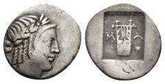 Greek Coins LYCIA. Lycian League. Masicytes.(Circa 27-20 BC).Hemidrachm. Obv : Λ - V. Laureate head of Apollo right. Rev : M - A. Cithara (lyre) tripod to right; all within incuse square. RPC I online