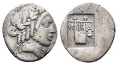 Greek Coins LYCIA. Lycian League. Masicytes.(Circa 27-20 BC).Hemidrachm. Obv : Λ - V. Laureate head of Apollo right. Rev : M - A. Cithara (lyre) tripod to right; all within incuse square. RPC I online