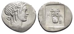 Greek Coins LYCIA. Lycian League. Masicytes.(Circa 27-20 BC).Hemidrachm. Obv : Λ - V. Laureate head of Apollo right. Rev : M - A. Cithara (lyre) tripod to right; all within incuse square. RPC I online