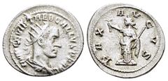 Roman Imperial Coins TREBONIANUS GALLUS.(252-253).Antioch.Antoninianus. Obv : IMP C C VIB TREB GALLVS AVG. Radiate and cuirassed bust right; three pellets below. Rev : PAX AVGVS. Pax standing left, ho