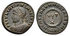 Roman Imperial Coins CRISPUS (Caesar, 316-326).Thessalonica. Follis. Obv : FL IVL CRISPVS NOB CAES. Laureate, draped and cuirassed bust left. Rev : CAESARVM NOSTRORVM / TSΔ VI. VOT X in two lines with