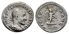 Roman Imperial Coins MAXIMINUS THRAX (235-238).Rome.Denarius. Obv : IMP MAXIMINVS PIVS AVG. Laureate, draped and cuirassed bust right. Rev : VICTORIA AVG. Victory advancing right with palm branch and 