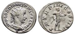 Roman Imperial Coins GORDIAN III (238-244).RomeAntoninianus. Obv : IMP GORDIANVS PIVS FEL AVG. Radiate, draped and cuirassed bust right. Rev : P M TR P IIII COS II P P. Gordian advancing right in mili