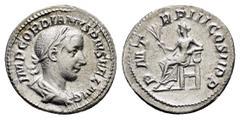 Roman Imperial Coins GORDIAN III (238-244). Denarius. Rome. Obv : IMP GORDIANVS PIVS FEL AVG. Laureate and draped bust right. Rev : P M TR P III COS II P P. Apollo seated left, holding branch; left el