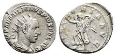 Roman Imperial Coins AEMILIAN (253). Antoninianus. Rome. Obv : IMP AEMILIANVS PIVS FEL AVG. Radiate, draped and cuirassed bust right. Rev : VICTORIA AVG. Victory advancing left, holding wreath and pal