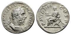 Roman Imperial Coins MACRINUS (217-218).Rome.Denarius. Obv : IMP C M OPEL SEV MACRINVS AVG. Laureate and draped bust right. Rev : P M TR P II COS P P. Macrinus seated left on curule chair, holding glo