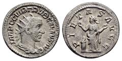 Roman Imperial Coins TREBONIANUS GALLUS (252-253).Mediolanum.Antoninianus. Obv : IMP CAE C VIB TREB GALLVS AVG. Radiate, draped and cuirassed bust right. Rev : PIETAS AVGG. Pietas, veiled, standing le