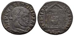 Roman Imperial Coins MAXENTIUS (307-312).Aquileia.Follis. Obv : IMP MAXENTIVS P F AVG CONS II. Laureate and mantled bust right, holding eagle-tipped sceptre. Rev : CONSERV VRB SVAE / AQS. Hexastyle te