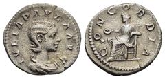 Roman Imperial Coins JULIA PAULA (Augusta, 219-220).Rome.Denarius. Obv : IVLIA PAVLA AVG. Draped bust right. Rev : CONCORDIA. Concordia seated left on throne, holding patera; in left field, star. RIC 
