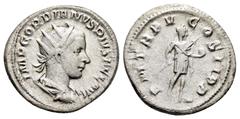 Roman Imperial Coins GORDIAN III.(238-244).Rome.Antoninianus. Obv : IMP GORDIANVS PIVS FEL AVG. Radiate, draped and cuirassed bust right. Rev : P M TR P IIII COS II P P. Gordian advancing right in mil