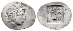 Greek Coins LYCIA. Lycian League. Masicytes.(Circa 27-20 BC).Hemidrachm. Obv : Λ - V. Laureate head of Apollo right. Rev : M - A. Lyre; tripod to right; all within incuse square. RPC I online 3310; Tr