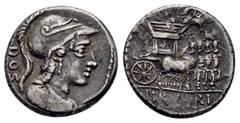 Roman Republican Coins L. RUBRIUS DOSSENUS. (87 BC). Rome.Denarius. Obv : DOS. Helmeted bust of Minerva right, wearing aegis. Rev : L RVBRI. Triumphal quadriga right, surmounted by Victory in biga rig
