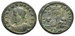 Roman Imperial Coins CRISPUS.(316-326).Thessalonica.Follis. Obv : CRISPVS NOB CAES, laureate, draped and cuirassed bust to left . Rev : VIRTVS EXERCIT, vexillum inscribed VOT XX in two lines, bound ca