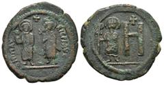 Byzantine Coins MAURICE TIBERIUS with CONSTANTIA and THEODOSIUS.(582-602).Cherson.Follis. Obv : XЄPCωNOC. Maurice and Constantina standing facing, nimbate, holding globus cruciger and cruciform sceptr