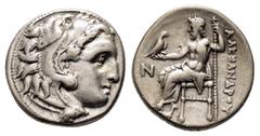 GREEK COINS KINGS of MACEDON Alexander III the Great.( 336-323 BC).Kolophon.Drachm. Obv : Head of Herakles to right, wearing lion skin headdress. Rev : AΛEΞANΔPOY. Zeus seated left on low throne, hold