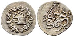 GREEK COINS MYSIA. Pergamon. (Circa 166-67 BC).Cistophor. Obv : Cista mystica with serpent; all within ivy wreath. Rev : Bowcase between two serpents. Controls: Civic monogram to left; above, AΠ above