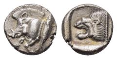 GREEK COINS MYSIA. Cyzicos.(Circa 450-400 BC).Obol. Obv : Forepart of boar left; to right, tunny upward. Rev : Head of lion left within incuse square. SNG France 361-372. Condition : The coin is in go