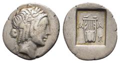 GREEK COINS LYCIAN LEAGUE.Kragos.(circa 48-23 BC).Hemidrachm. Obv : Λ-Υ. Laureate head of Apollo right, wearing taenia. Rev : K-P. Lyre, filleted branch in right field, all within incuse square. Troxe