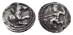 GREEK COINS LYCAONIA.Laranda.(Circa 324-323 BC).Obol. Obv : Baaltars seated left, holding grain ear, bunch of grapes, and scepter. Rev : Forepart of wolf right; inverted crescent above; all within cir