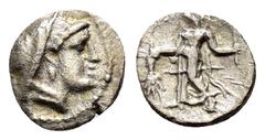 GREEK COINS CILICIA. Mallos.(Circa 385-375 BC). Obol. Rev : Veiled head of Demeter to right, wearing a pendant earring and a pearl necklace; all within a border of pearls. Rev : Demeter advancing to l