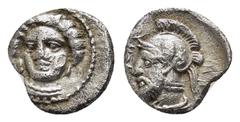 GREEK COINS CILICIA. Tarsos. Pharnabazos.(380-374 BC). Obol. Obv : Female head (Arethusa?) facing slightly left. Rev : Helmeted and bearded male head (Ares?) left. SNG France 303.EX BIGA. Condition : 