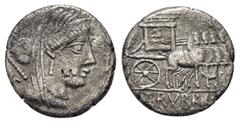 ROMAN REPUBLICAN COINS L. RUBRIUS DOSSENUS.(87 BC). Rome.Denarius. Obv : DOS. Veiled and diademed head of Juno right, with sceptre over shoulder. Rev : L RUBRI. Triumphal quadriga right, side panel de