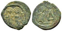 BYZANTINE COINS MAURICE TIBERIUS with CONSTANTIA and THEODOSIUS.(582-602).Cherson.Pentanummia. Obv : d N maVRIC PP AG. Maurice, holding globus cruciger, and Constantia, holding cruciform sceptre, stan