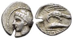 GREEK COINS PAPHLAGONIA.Sinope. Ariarathes, Satrap.(Circa 328-325 BC).Drachm. Obv : Head of nymph left, hair in sakkos; Aramaic letters behind . Rev : Eagle on dolphin left; Aramaic inscription below.