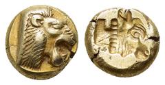 GREEK COINS LESBOS.Mytilene.(Circa 521-478 BC). EL Hekte. Obv : Head of roaring lion right. Rev : Incuse head of cow right. Bodenstedt Em. 13 ; SNG Copenhagen 301; BMC 18; SNG von Aulock 1685; Boston 