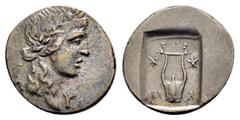 GREEK COINS LYCIAN LEAGUE.Masikytes.(48-42 BC).Hemidrachm. Obv : Laureate head of Apollo to right. Rev : M A. Kithara; star in upper left and right fields.all within shallow incuse square. Troxell, Ly