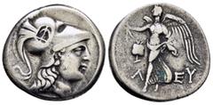 GREEK COINS PAMPHYLIA. Side.(Circa 183-175 BC).Tetradrachm. Obv : Head of Athena left, wearing crested Corinthian helmet. Rev : KΛ–EY. Nike advancing left with wreath, pomegranate in field. SNG von Au