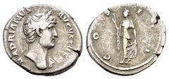 ROMAN IMPERIAL COINS HADRIAN.(117-138).Rome.Denarius. Obv : HADRIANVS AVGVSTVS. Laureate head right. Rev : COS III. Spes advancing left, holding flower and raising hem of skirt. RIC 181. Condition : G