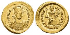 ROMAN IMPERIAL COINS THEODOSIUS II.(402-450). Constantinople.Solidus. Obv : D N THEODOSIVS P F AVG. Helmeted and cuirassed bust facing slightly right, holding spear and shield decorated with horseman 
